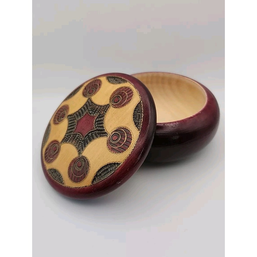 VTG HAND CARVED Circle Folk Art Poland Wooden Round Trinket Box Red 4.5" NICE!